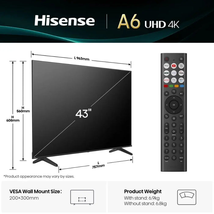 HISENSE A6Q 43" LED 4K HDR Smart TV with Freely