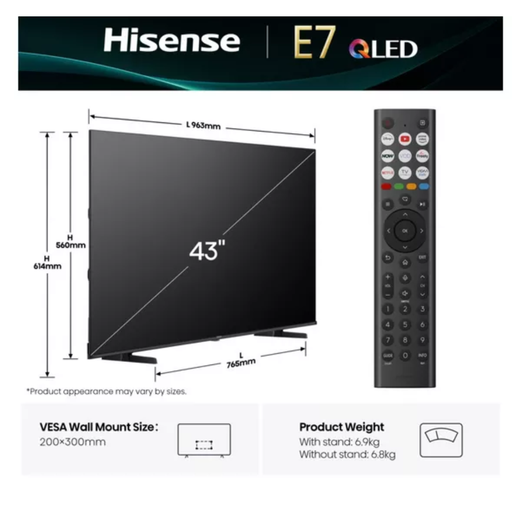 HISENSE E7Q 43" QLED 4K Smart AI TV with Freely - 43E7QTUK Hisense