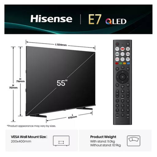 HISENSE E7Q 55" QLED 4K Smart AI TV with Freely - 55E7QTUK Hisense