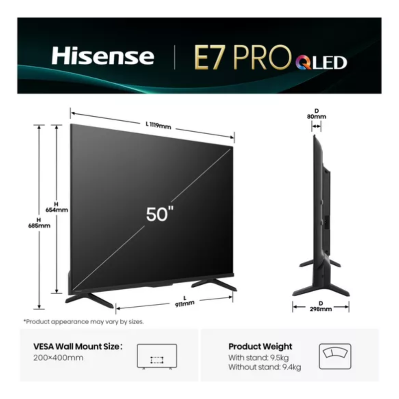 HISENSE E7Q PRO 50" QLED 4K HDR Smart TV with Freely - 50E7QTUK PRO Hisense