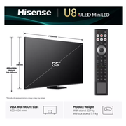 HISENSE U8Q 55" Mini LED 4K 165Hz Smart AI TV with Freely - 55U8QTUK Hisense