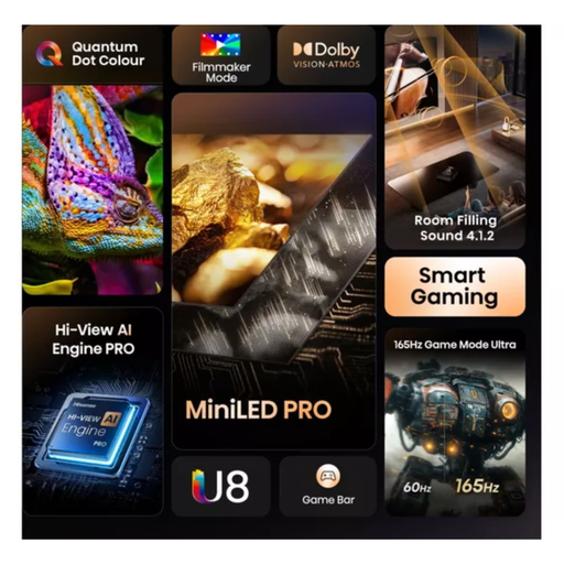 HISENSE U8Q 65" Mini LED 4K 165Hz Smart AI TV with Freely - 65U8QTUK Hisense