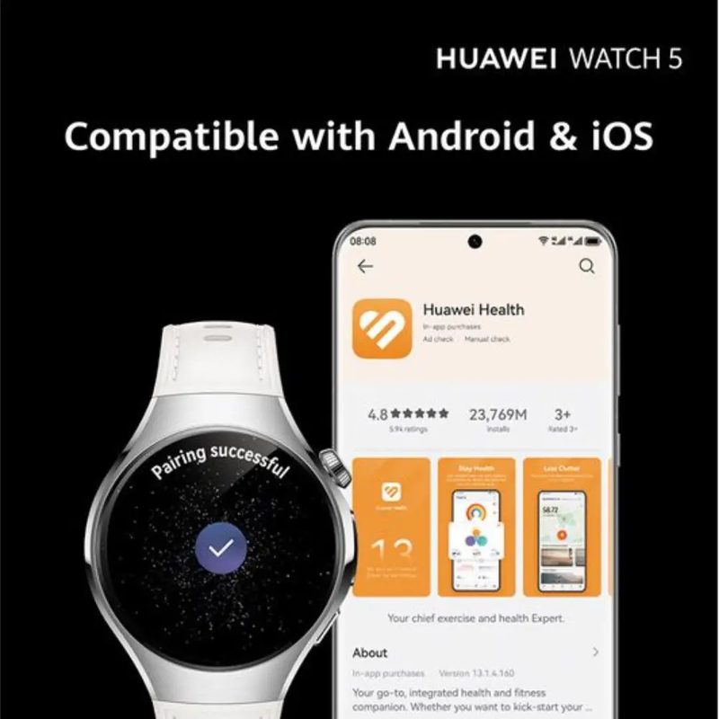 HUAWEI Watch 5 - Silver with White Composite Leather Strap, 42 mm