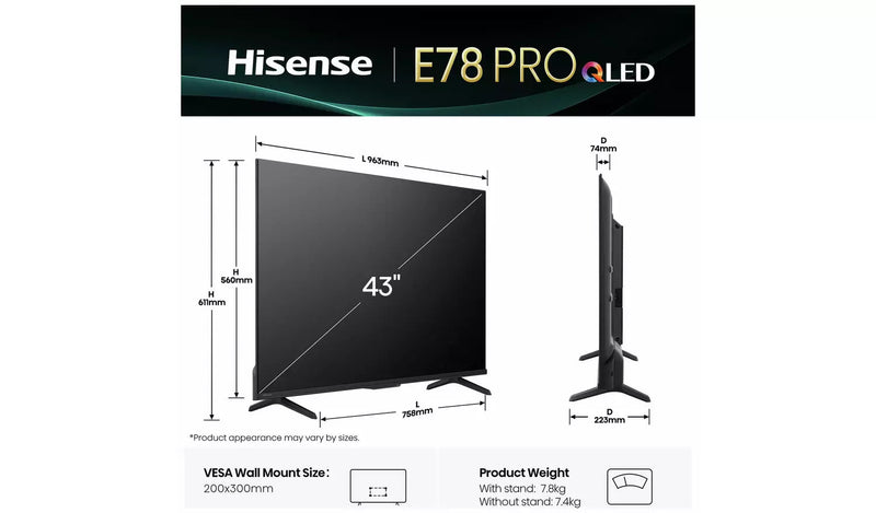 Hisense 43 Inch 43E78QTUK PRO Smart 4K UHD HDR QLED Freely TV Hisense