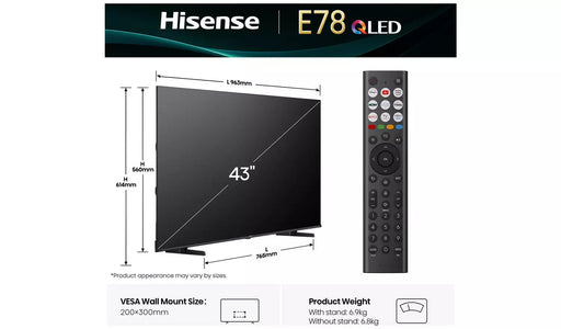 Hisense 43 Inch 43E78QTUK Smart 4K UHD HDR QLED Freely TV Hisense