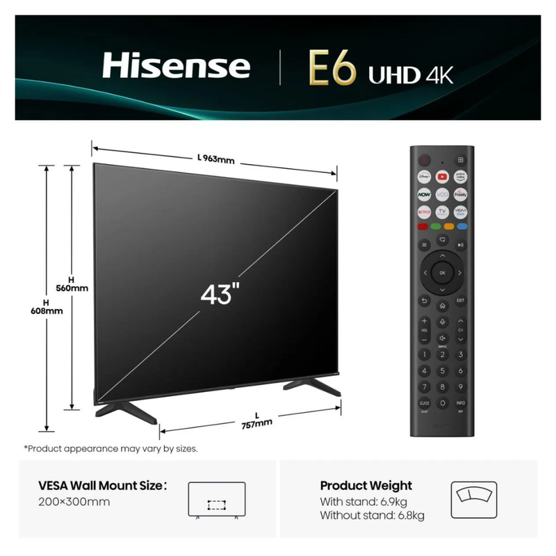 Hisense 43 '' A6Q | UHD Smart TV 4K 60 Hz 43E6QTUK Hisense