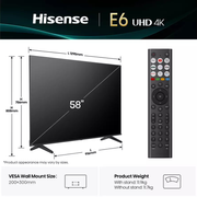 Hisense 58 Inch 58E6QTUK Smart 4K UHD HDR LED Freely TV Hisense