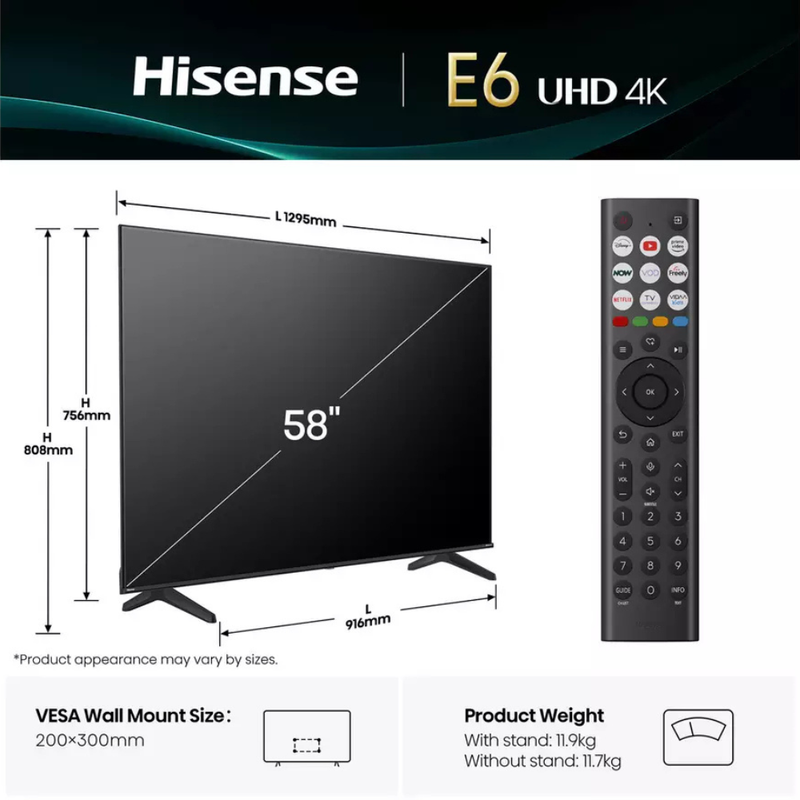 Hisense 58 Inch 58E6QTUK Smart 4K UHD HDR LED Freely TV Hisense