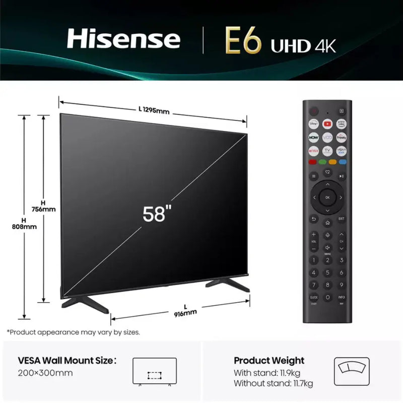 Hisense 58 Inch 58E6QTUK Smart 4K UHD HDR LED Freely TV
