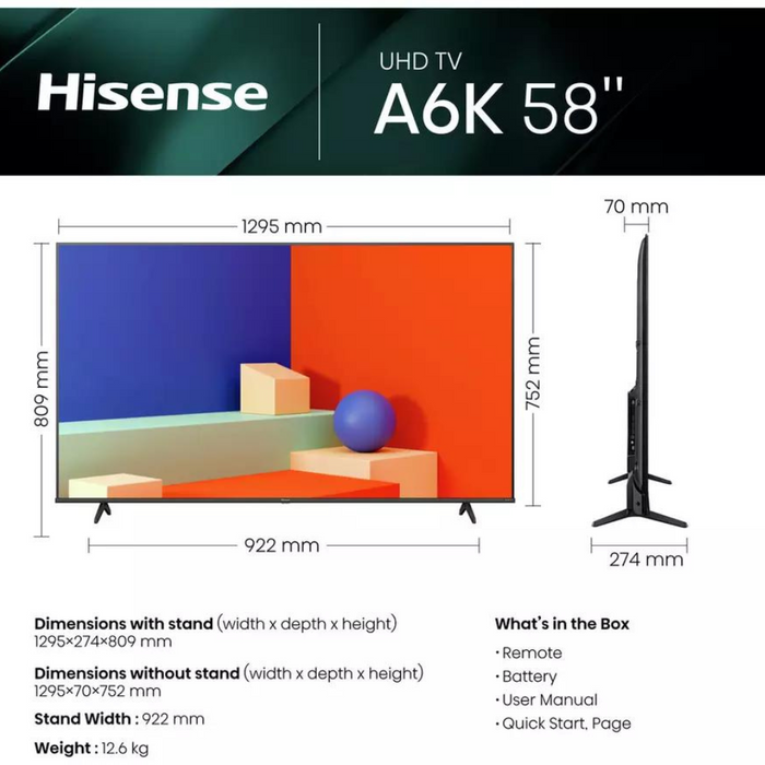 Hisense 58A6KTUK, 58 inch, 4K Ultra HD, Smart TV Digiland Outlet Store