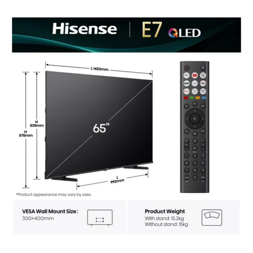 Hisense 65E7QTUK 65" 4K QLED Smart AI TV Hisense