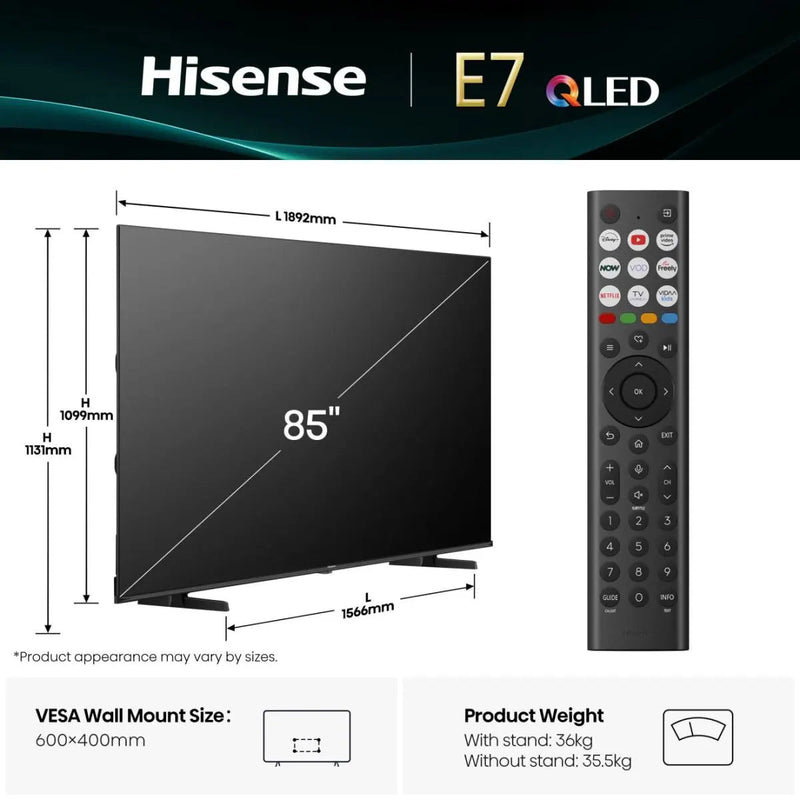 Hisense 85" E7Q Hi-QLED Smart TV 4K 60 Hz  - 85E7QTUK Hisense