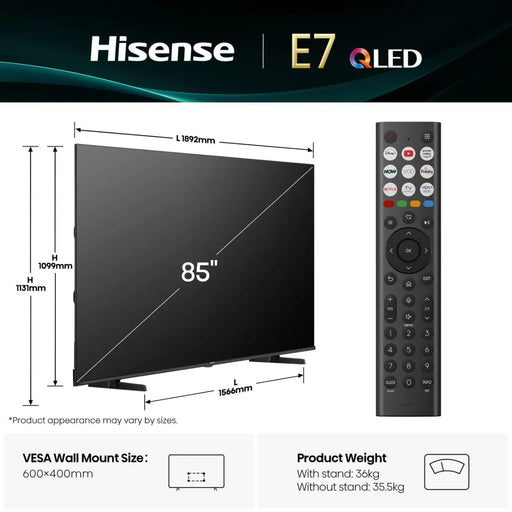 Hisense 85" E7Q Hi-QLED Smart TV 4K 60 Hz  - 85E7QTUK Hisense