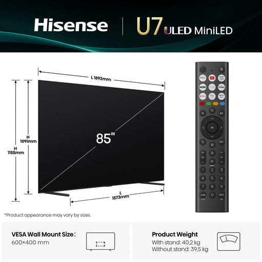 Hisense 85" U7Q ULED MiniLED Smart TV 4K 144 Hz - 85U7QTUK Hisense