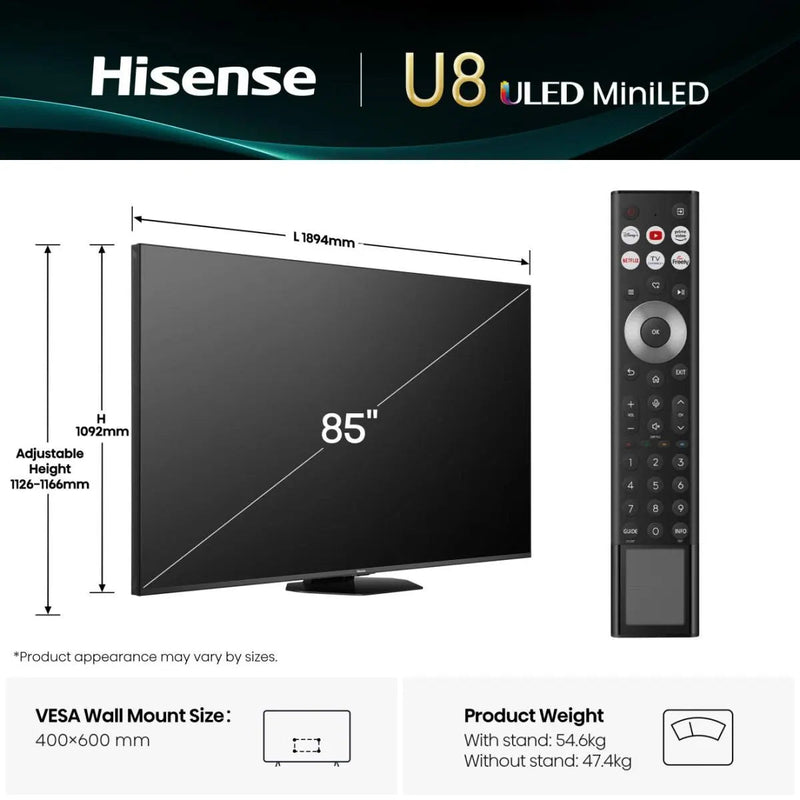 Hisense 85" U8Q ULED MiniLED Smart TV 4K 165 Hz  - 85U8QTUK Hisense
