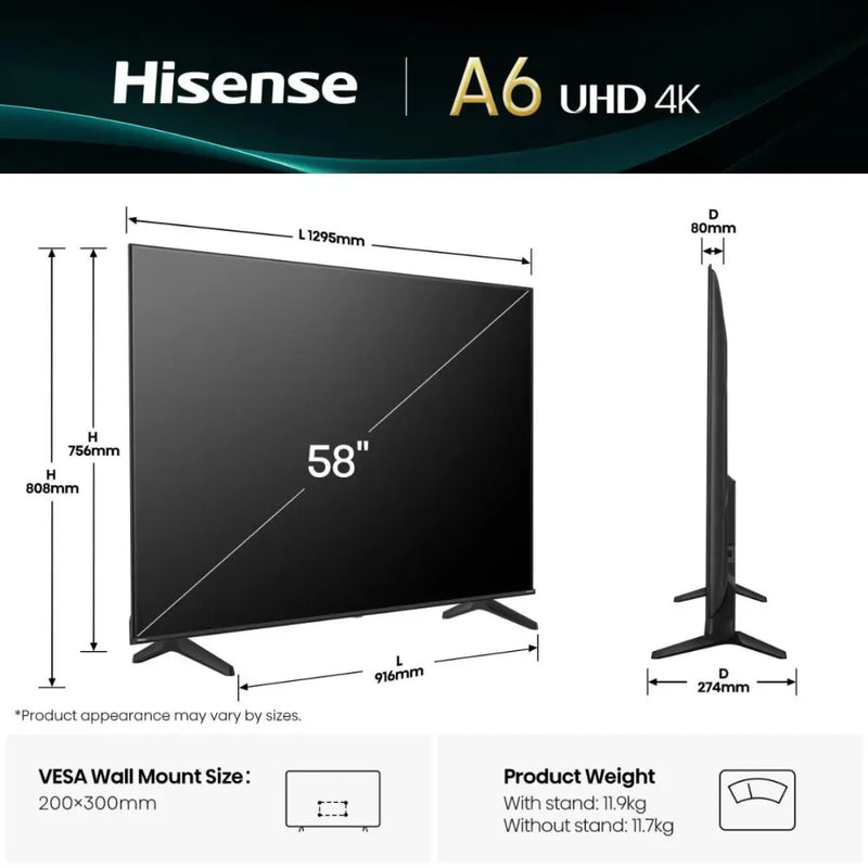 Hisense A6Q 58" 4K HDR Smart TV with Freely - 58A6QTUK