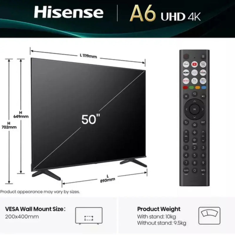Hisense A6Q, 50", 4K HDR Smart TV with Freely