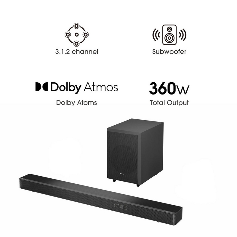 Hisense AX3120G 3.1.2 Channel 360W Dolby Atmos Soundbar with Wireless Subwoofer Digiland Outlet Store