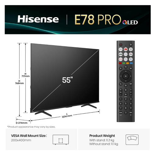 Hisense E78Q PRO 55" 4K 144Hz QLED Smart Hisense