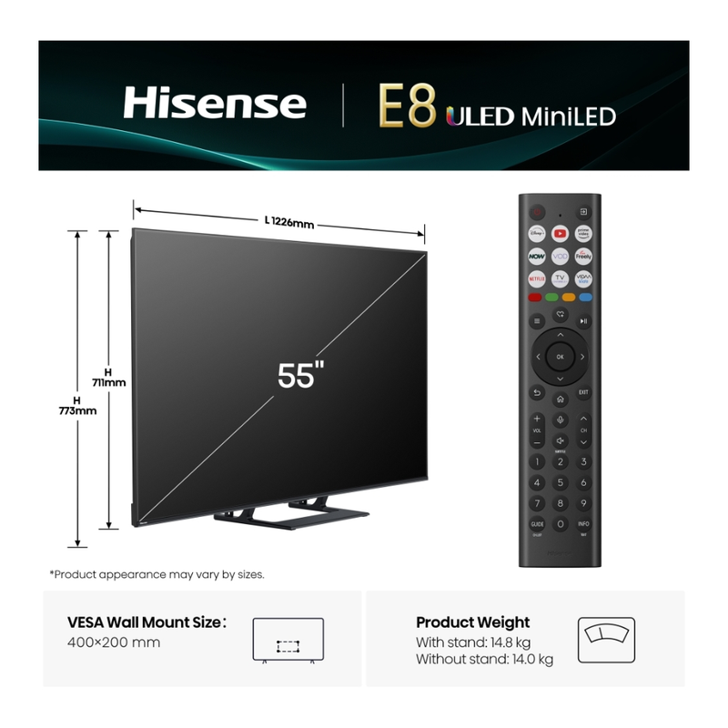 Hisense E8Q 55" 4K ULED Mini LED 144Hz 55E8QTUK Hisense