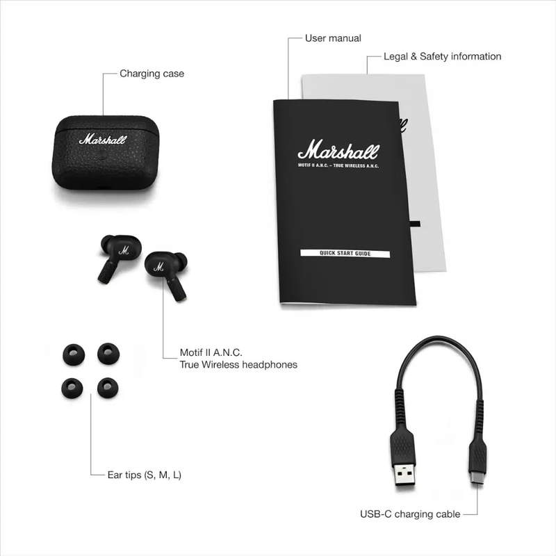 Marshall Motif II ANC - True Wireless Active Noise Cancelling Bluetooth Earbuds – Black